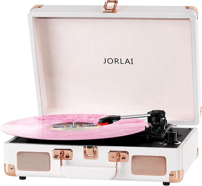 3-Speed Vinyl Record Player Turntable Portable Suitcase with Bluetooth, Rechargeable Battery, Aux/RCA/Headphone Jacks, Compact Retro Design for Vinyl Lovers