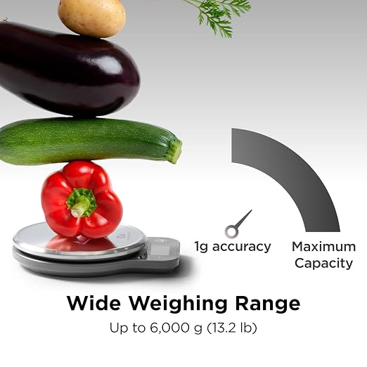 Kitchen Mama Q-Series Digital Food Scale, Metal Gray | 13.2 lb / 6000g Capacity, 1g Precision, Tare Function, Stainless Steel Platform, LCD Display