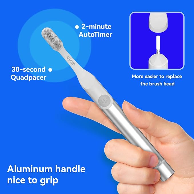 SEAGO Electric Toothbrush for Adults - 3 in 1 Holder with 8 pcs Replaceable Brush Battery Operated Travel Toothbrush kit Portable and 2 Minute Timer (Silver, Middle) (Pack of 2)