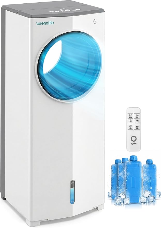 SereneLife Portable Evaporative Air Cooler with 4L Detachable Water Tank, 1800 CFM Evaporative Cooler with Remote & Ice Packs, Indoor Outdoor Air Cooler Portable for Room Use, (White & Gray)