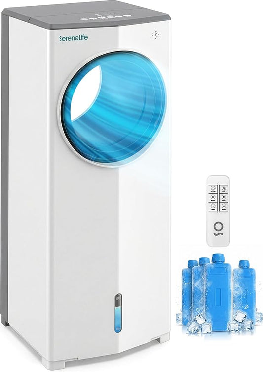 SereneLife Portable Evaporative Air Cooler with 4L Detachable Water Tank, 1800 CFM Evaporative Cooler with Remote & Ice Packs, Indoor Outdoor Air Cooler Portable for Room Use, (White & Gray)