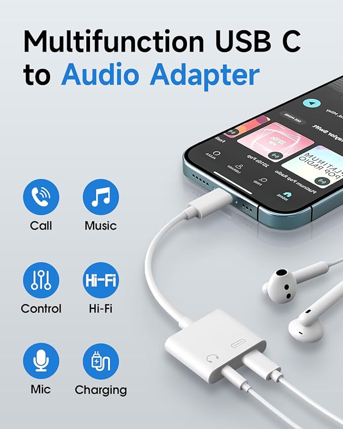 USB C to 3.5mm Headphone and Charger Adapter, Type C to Aux Jack Dongle Cable Cord with PD Fast Charging for iPhone 15/16/17 Pro/Max/Plus, iPad, Samsung Galaxy S23/S24 Ultra, Note 20(1 Pack)