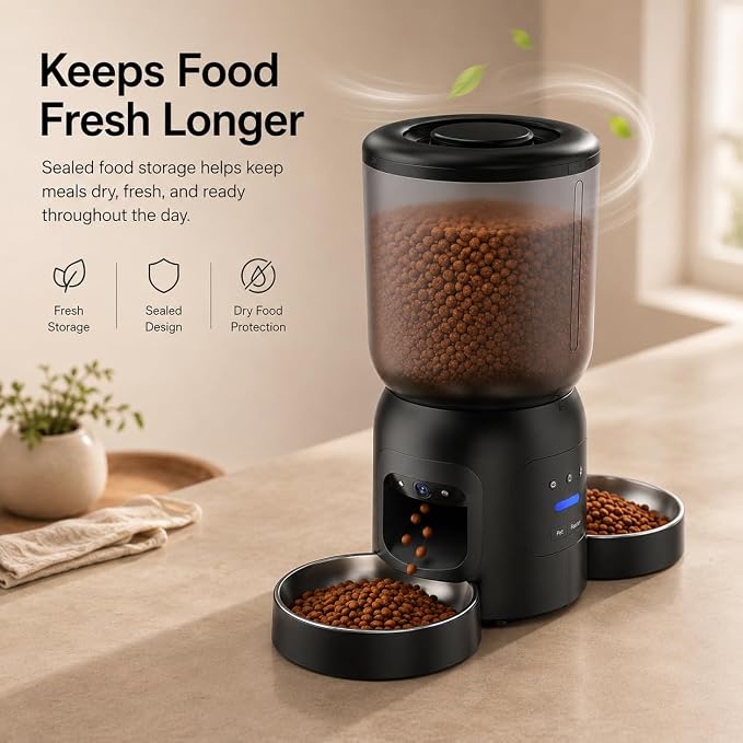 Smart Pet Feeder with Dual 2K Camera & AI Recognition, Dual Bowl Automatic Cat Feeder for Two Cats & Dogs, 6L WiFi Pet Feeder with App Control, 2-Way Audio, Motion Tracking, Anti-Clog Design