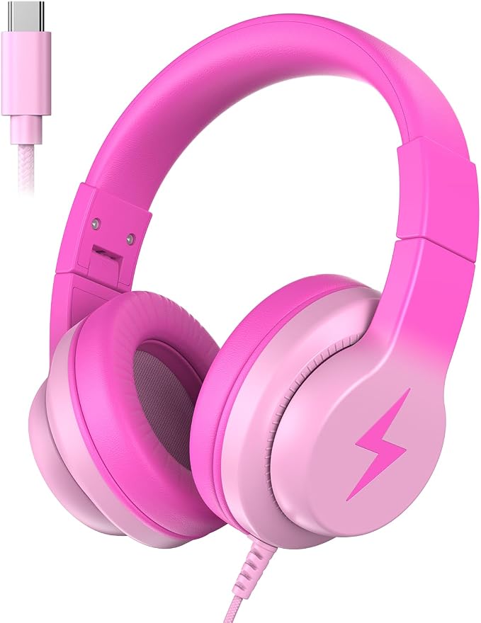 Candy Bila Wired USB C Kids Headphones, 85dB Safe Volume, HD Stereo Sound, Adjustable Headband, Foldable Over-Ear Design for School/Travel/Boys/Girls/iPad/Tablet (Gradient Rose Pink)
