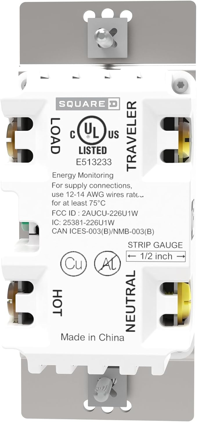 Square D by Schneider Electric X Series 15 Amp WiFi Energy Monitoring Light Switch, Single-Pole/3-way, 600 Watt, Rocker, Matter Certified, Works with Alexa, Google Home, Apple Home, Matte Light Almond