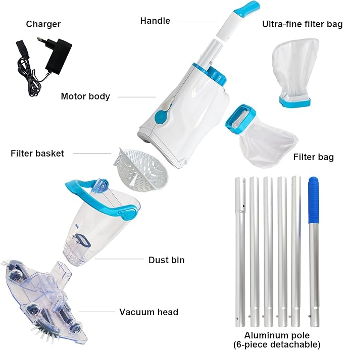 Handheld Pool Vacuum Cleaner, Rechargeable Pool Bottom Cleaner with Strong Suction, 1 H Runtime, 89 inchs Extension Pole,for Above Ground/Inground Pools, Spas and Hot Tubs, White and Blue