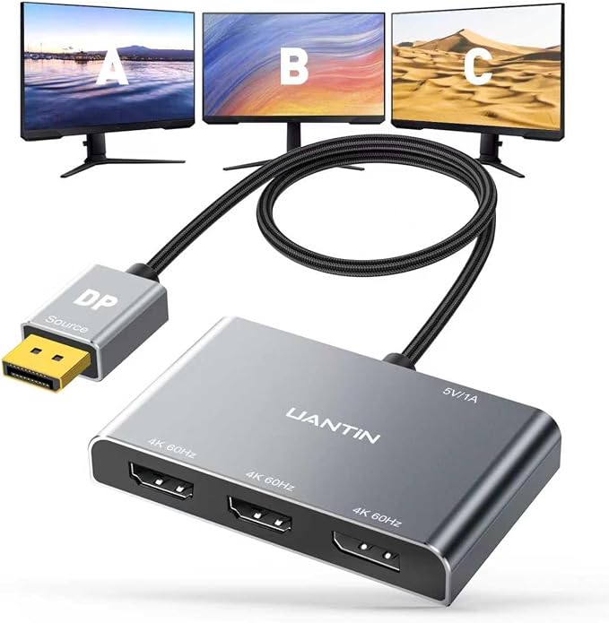 UANTIN DisplayPort to Dual HDMI with DP Splitter for 3 Monitors Extended Display Adapter 4K@60Hz 1 in 3 Out MST Hub for Multiple Monitor Display Port Compatible with NVIDIA/AMD Graphic Card