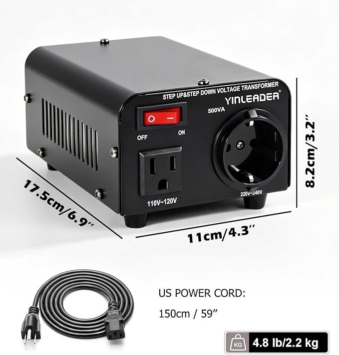 Yinleader 110v to 220v European Voltage Converter Transformer 500W Step Up Converter 110/120 Volt to 220/230/240 Volt or Step Down 220 to 110,[110V US Power Cord Included Only, No 220V Cord]