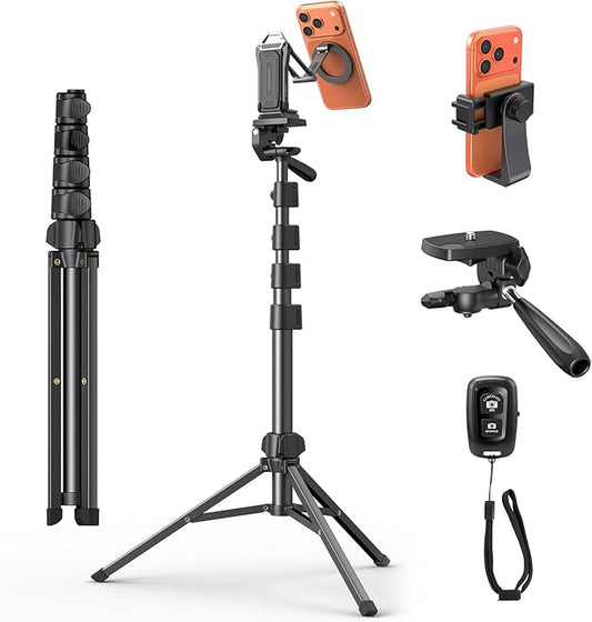 OMOTON TS01 65" Magnetic Phone Tripod for iPhone & Camera, Cell Phone Stand with Remote, Stable Height Adjustable Multi-Angle Shot Selfie Stick Tripod for Video Recording, Live Streaming, Black Set