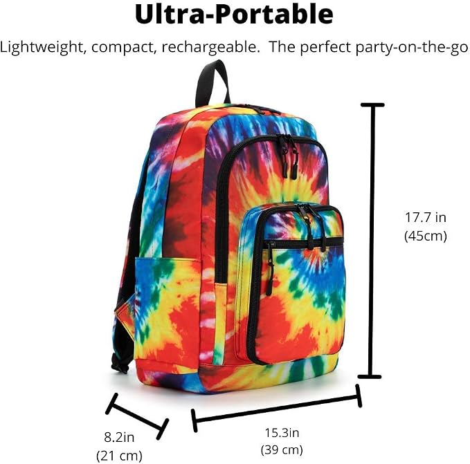 Super Real Business Bluetooth Speaker Backpack with 20-Watt Speakers & Subwoofer for Parties/Festivals/Beach. Rechargeable, Works with iPhone & Android (Tie Dye)