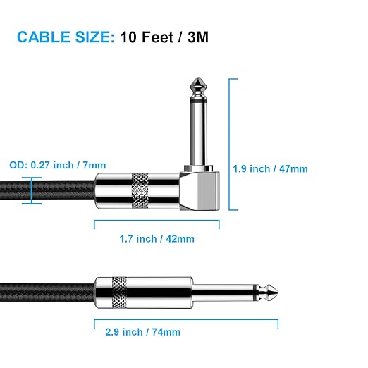 New Bee Guitar Cable 10ft Electric Instrument Bass AMP Cord for Electric Mandolin, Pro Audio (Right Angle to Straight, Black)