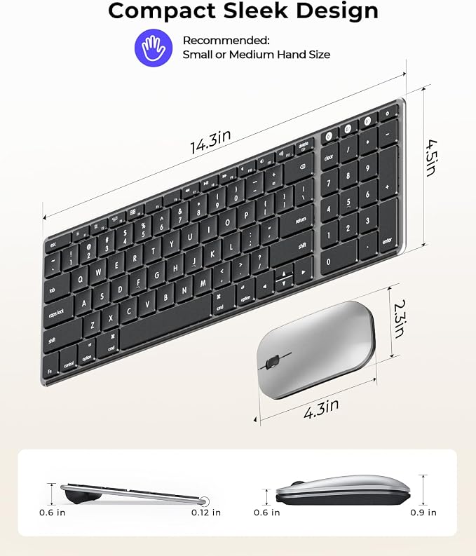 seenda Bluetooth Keyboard and Mouse Combo for Mac, SKM64-2 Rechargeable Silent Wireless Keyboard Mouse Compact Slim, 3 Multi-Device Connection, Compatible for Mac MacBook Pro/Air iPad, Black Silver