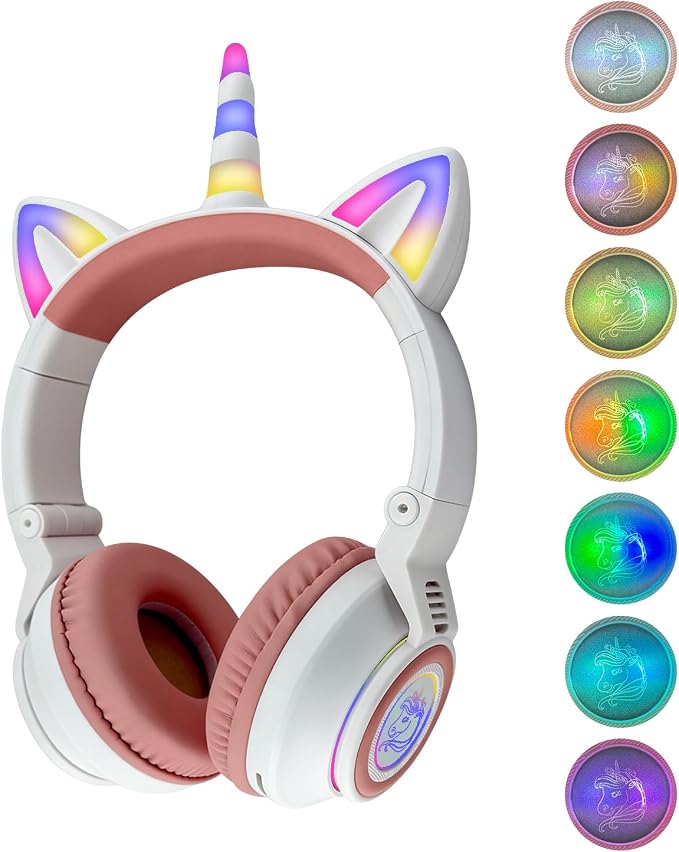 Upgrade Unicorn Headphones for Girls, Kids Bluetooth Wireless Headphones with 7 Colour Flash Light, 93dB Volume Limited, for Toddlers Tablet/iPad/Amazon Fire, Birthday Gifts, (White Pink)