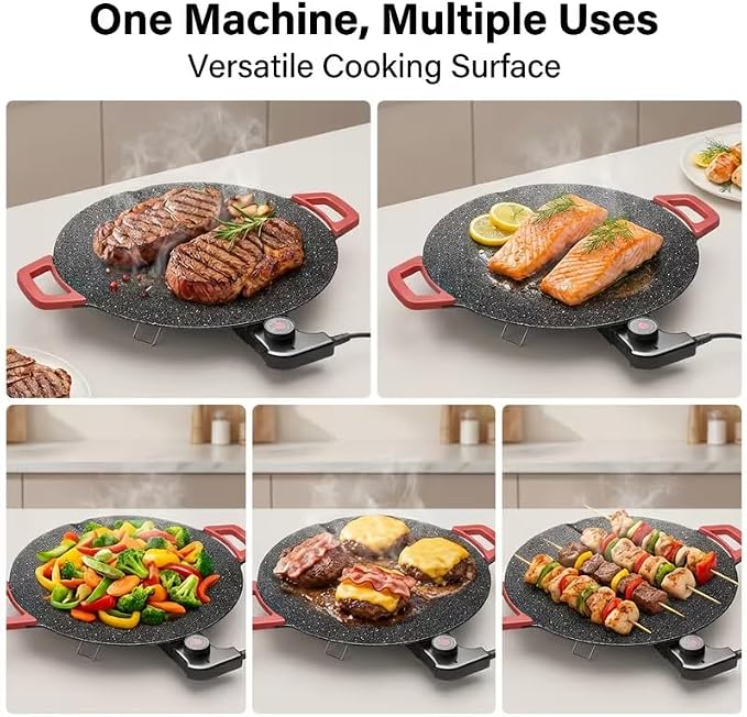 Indoor Grills Electric Smokeless Nonstick Electric Griddle for Indoor Use, Compact & Versatile Cooking for Steaks, Pancakes, and BBQ with 14-Inch Aluminum Cooking Surface