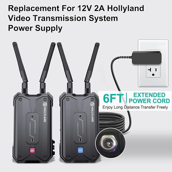HKY 12V 2A AC/DC Adapter for Hollyland Pyro 7 / S/H/Mars 400S Pro/II / 4K / M1 / M1 Enhanced/Cosmo C1 Wireless Video Transmission System Power Supply Cord Plug Charger with Screw Lock
