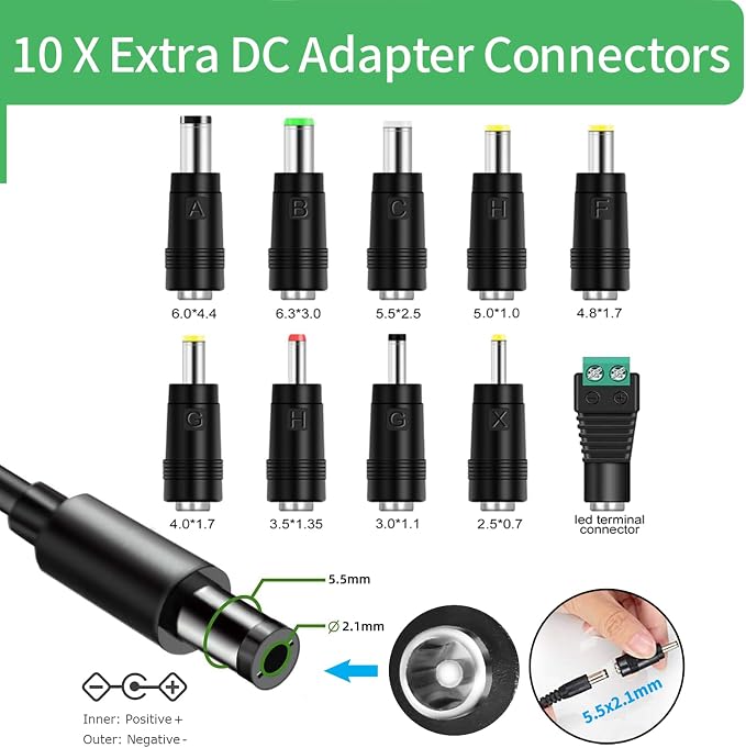 12V 2A Power Supply,DC 12V 2000mA Power Adapter with 5.5mm x 2.1mm Tip and 10 Interchangeable Jacks Plug for LED Strip Light, CCTV Camera, Piano Keyboard, BT Speaker, Router and More,UL Listed FCC