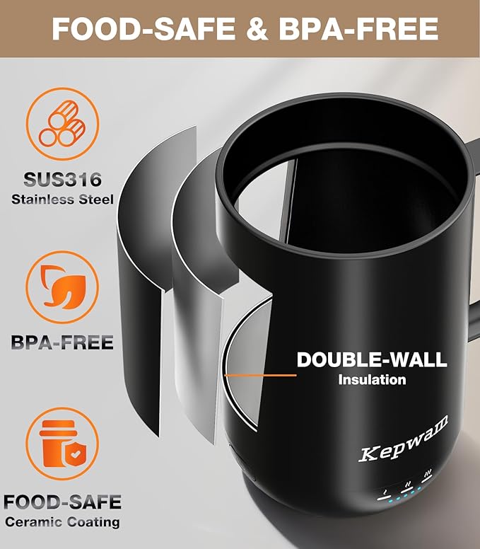 Kepwam Self-Heating Coffee Mug T1, 16oz Rechargeable Heated Coffee Mug, Smart Coffee Warmer Mug with App-Controlled,Advanced Temperature-Controlled Heating Coffee Gifts for Women Men Coffee Lover