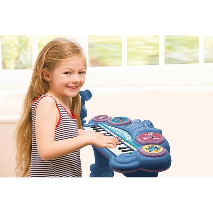 Lexibook, Stitch Electronic Keyboard with Seat and Microphone, 24 Light-Up Keys for Learning Music and Aux-in Cable, Blue, K707D