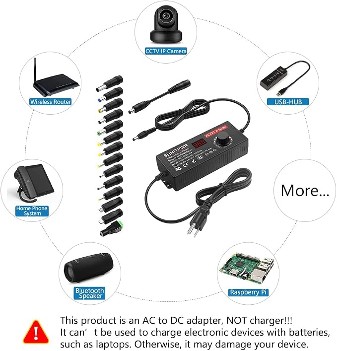 SHNITPWR Universal Power Supply Adjustable 144W 3.5V~36V 4A AC/DC Adapter 12V 24V 36V 5V 6V 9V 14V Power Adapter 100V~240V AC to DC Converter Multi-Voltage Variable Transformer 14 Tips
