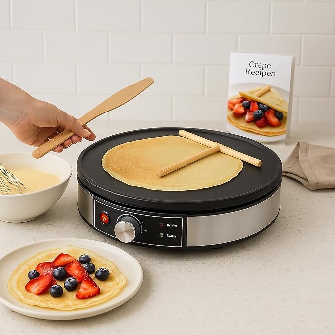 Morning Star 12-Inch Electric Crepe Maker with Nonstick Cooktop | Portable Griddle | Adjustable Temperature Control | Includes Wooden Spatula, Batter Spreader, 2 Recipe Booklets