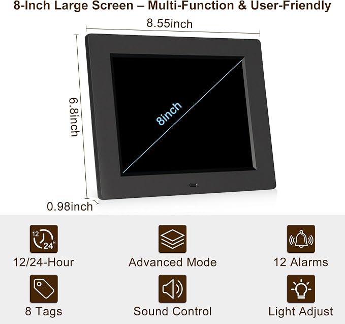 KASTISS 8 Inch Digital Calendar Alarm Day Clock, Large Digital Clock Easy-to-Read, Impaired Vision People, 12 Customizable Alarms, Dementia, Alzheimer’s, Elderly Care & Bedroom/Kitchen (Black)
