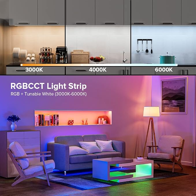 BTF-LIGHTING FCOB COB RGBCCT Color Changing LED Strip Kit,UL Listed RGB+Tunable White 3000K-6000K 24FT DC24V Flexible High Density LED Light Bluetooth Music Controller for Bedroom Home Indoor Decor