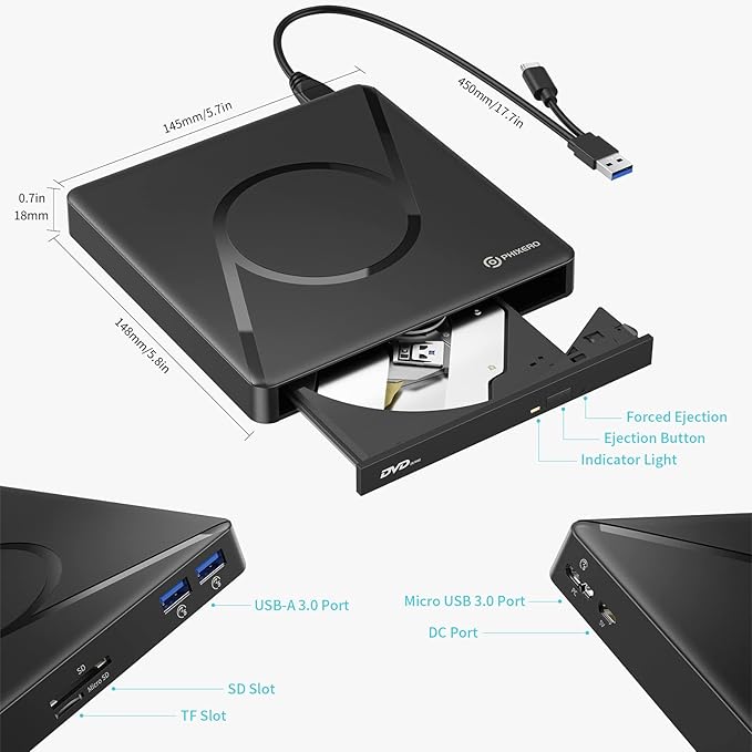 PHIXERO External DVD Drive for Laptop, USB 3.0 Type-C CD/DVD +/-RW ROM Burner DVD Player with 2 USB A Ports and SD/TF Card Slot for Laptop or Desktop PC Windows XP/7/8/10, MacBook, Linux