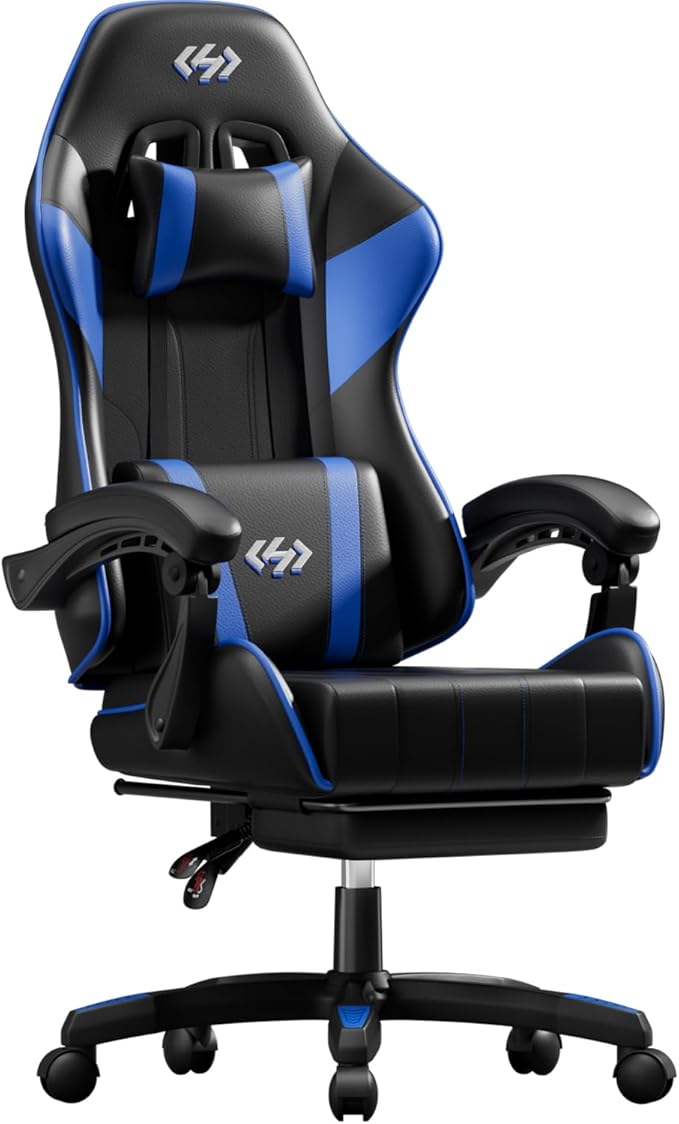 HLDIRECT Gaming Chair, Ergonomic Computer Office Chair with Lumbar Support, Footrest, Headrest, PU Leather, 360° Swivel, Adjustable Height, Metal Frame, 200 lbs Capacity (Black&Blue)