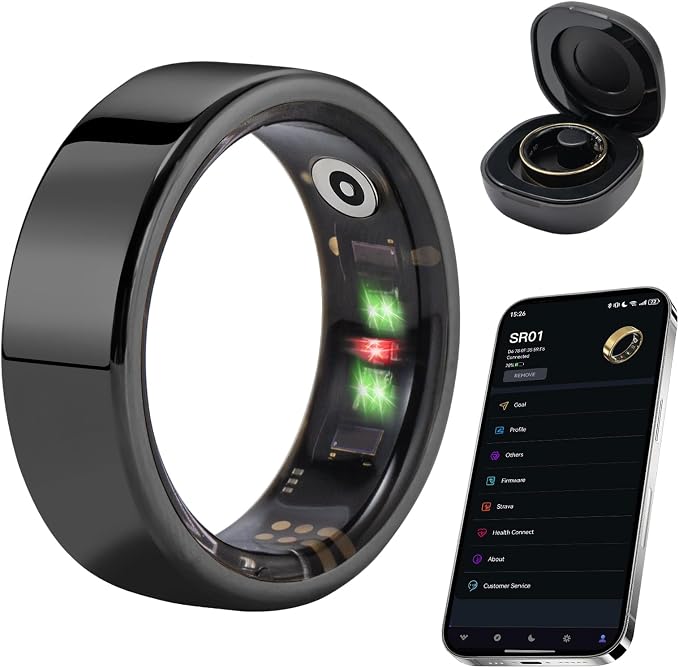 Fitness Tracker Ring, Smart Ring Health Tracker with Heart Rate, Blood Oxygen, Sleep Monitor, Calories, No Subscription Fee, IP68 Waterproof for iPhone & Android (Black, #8)