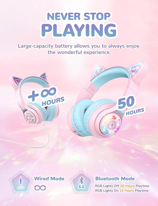 iClever Cat Ear Kids Bluetooth Headphones, LED Lights Up, 74/85dBA Safe Volume Limited, 50H Playtime,Bluetooth 5.2, USB C, Kids Headphones Wireless for Travel iPad Tablet, Meow Macaron Pink