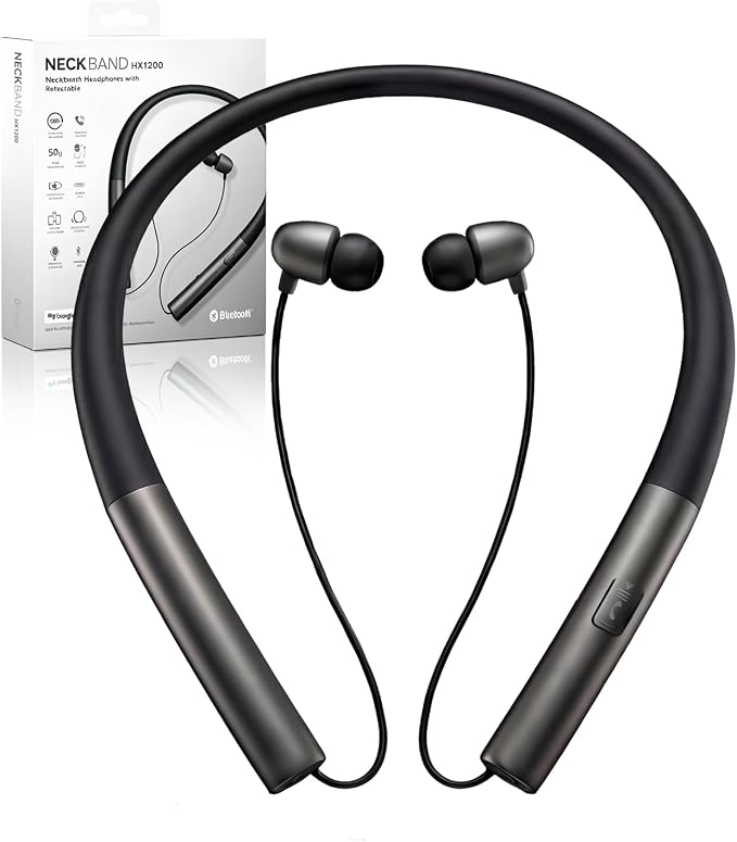Bluetooth 5.3 Neckband Bluetooth Headphones, Retractable Headphones with IPX5 Sweatproof & Vibration Alert, Stereo Noise Cancelling for Music, Calls, Conference, Videos