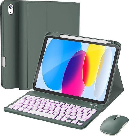 RAYMCRAFT for iPad 11th (A16, 2025) / 10th Generation Case with Keyboard, Mouse and Detachable Wireless Keyboard, 7-Color Backlight, Slim Case with Pencil Holder, Olive Drab