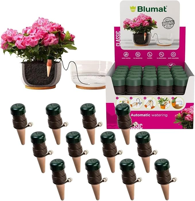 Blumat Classic Self-Watering Stakes - Prevents Overwatering and Underwatering for Healthy Growth While You are Away - Ideal for Indoor Plant Watering (12 Pack w/o Adapter)