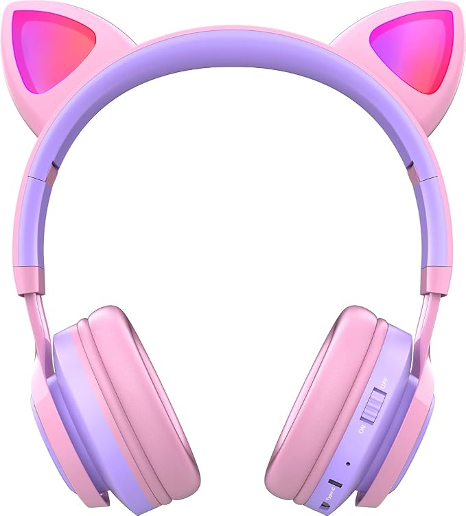Riwbox Kids Headphones, CT-7S Cat Ear Bluetooth Headphones with LED Light, 85dB Volume Limiting, Over Ear with Microphone for Laptop/PC/TV (Pink&Purple)
