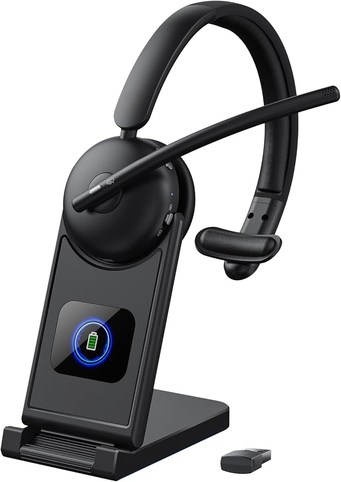 Wireless Headset with Mic for Work, Bluetooth Headset with Microphone AI Noise Cancelling, 65H Battery Headset with Microphone for PC with Fast Charge & Mute Button for Laptop/Call Center/Computer