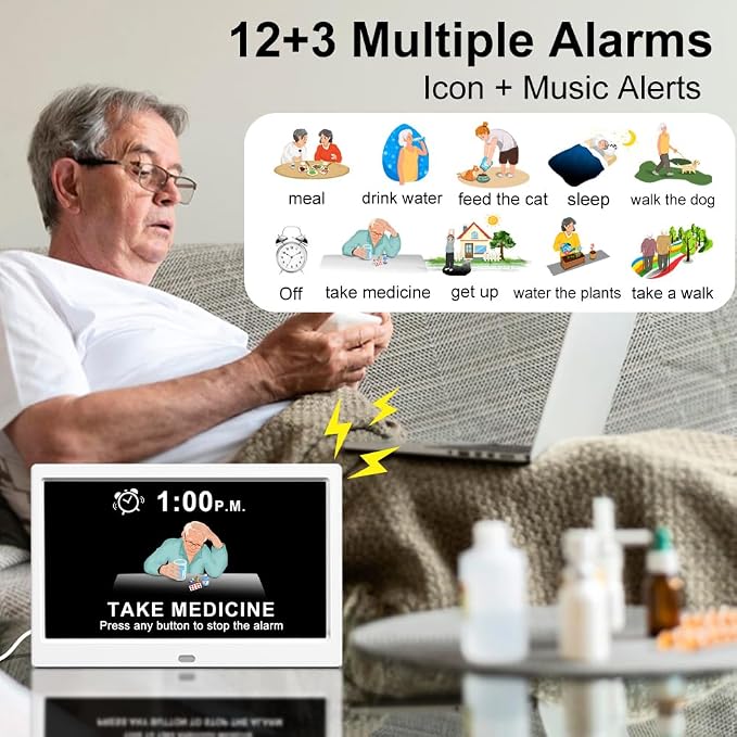 CAZOKASI Extra Large Impaired Vision Digital Alarm Clock with Day and Time for Elderly DST Calendar Clock No Battery Plug-in Power Outage Memory Auto Dimmable Clock (10.1 Inch White)