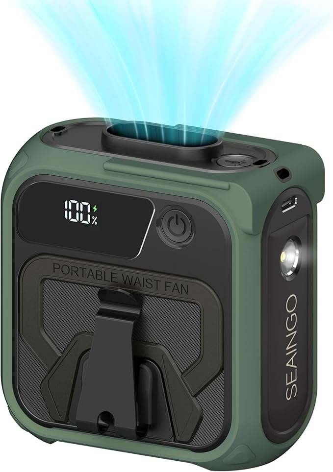 SEAINGO Portable Waist Fan Rechargeable – 10000mAh, 42 ft/s Max, 5 Speeds 16000RPM, Personal Cooling Wearable Clip Body Belt Shirt Fans, Hanging Neck Fan with Light