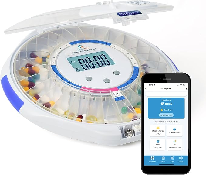 Bluetooth Automatic Pill Dispenser for Seniors – 28-Day Medication Organizer with App Setup, Locking Lid with Keys, Programmable Audio/Visual Alerts for Dementia & Chronic Care