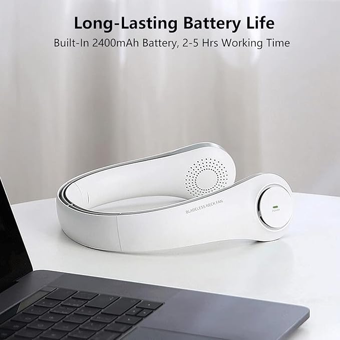 Portable Bladeless Neck Fan, USB Rechargeable Air Conditioner Personal, Mini Quiet Neckband Fan Hands Free with 3 Speeds for Home Office Sport Outdoor 2400mAh