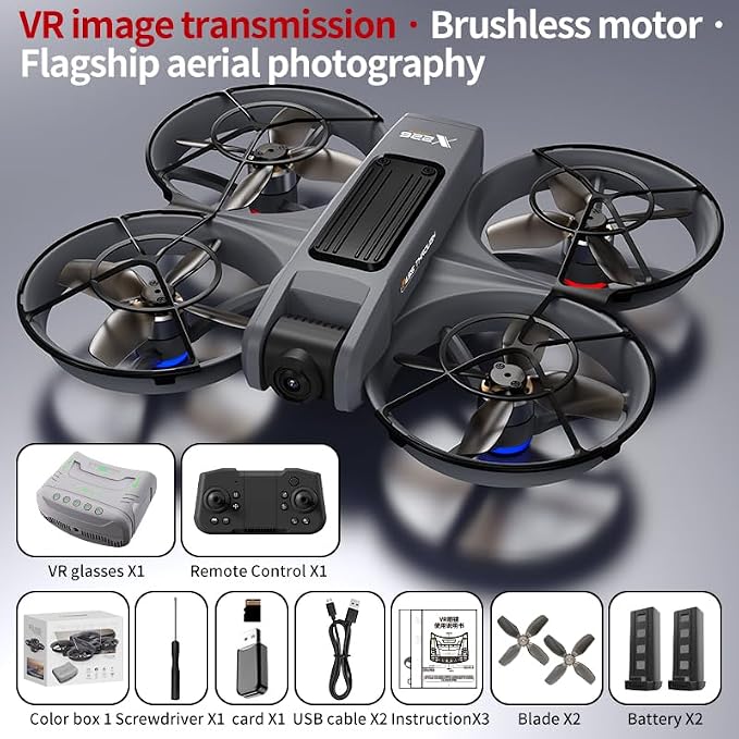 VR FPV Drone with Camera and VR Glasses for Beginners, Brushless Motor, Altitude Hold, Optical Flow Positioning, One Key Takeoff/Landing, APP Control, First-Person View Drones, RC Quadcopter with LED Lights 2 Batteries, Beginners Friendly Drones Cool G...