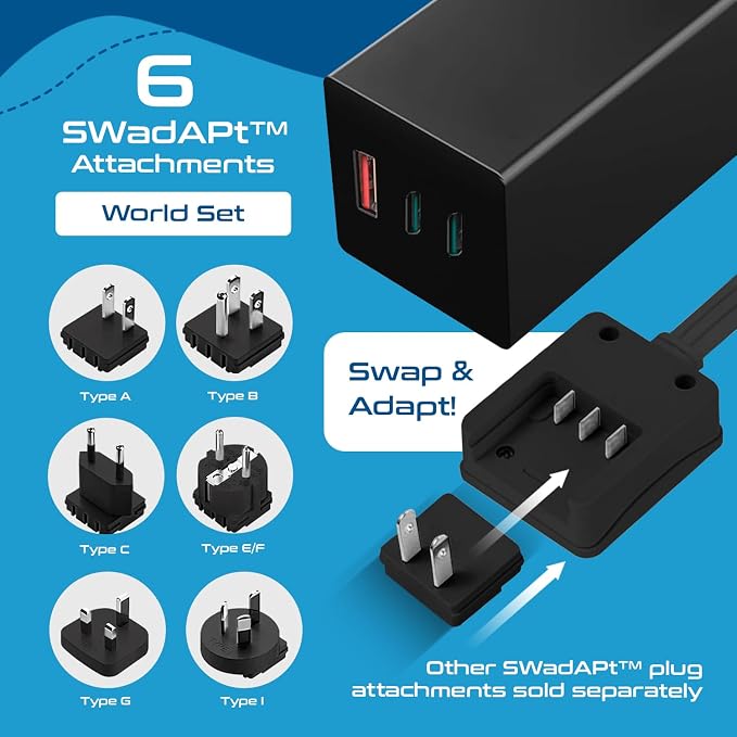 Ceptics 65W GaN World Travel Adapter w/ 2 US Outlets and 1 USB-A and 2 USB-C (QC 3.0), Compact Fast Charger for Laptops and Cell phones, Use in more than 150 countries with 6 SWadAPt Attachments