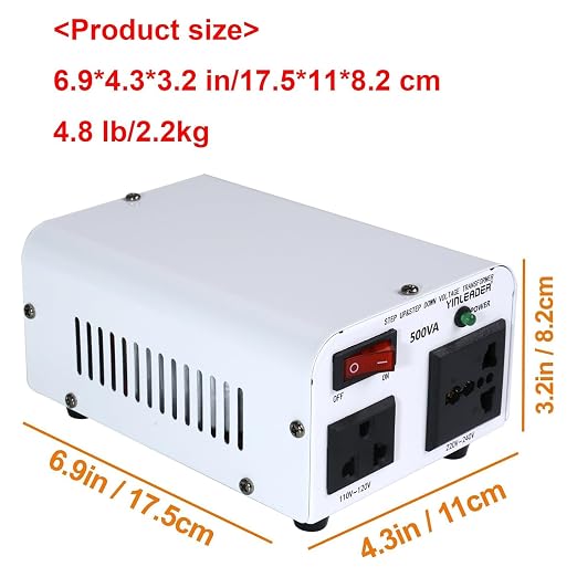 Yinleader White 500W 110V to 220V Voltage Converter Transformer Step Up/Down 110-120V/220-240V w/US Power Cord