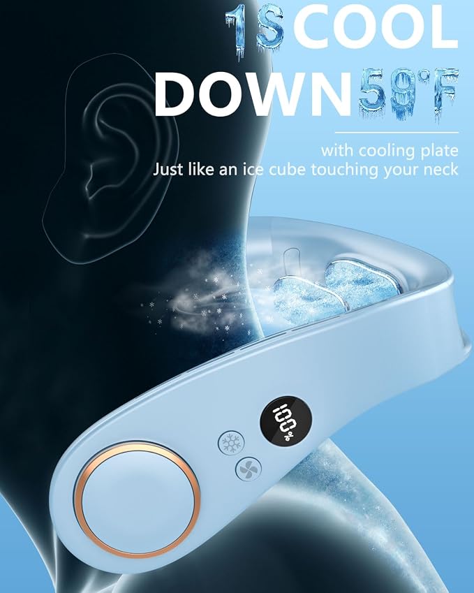 Neck Cooler with Cooling Plate, Around the Neck Hanging Air Conditioner, 5500mAh up to 15H Battery Cooling Device, Quiet Cordless Bladeless Face Fan for Home Office Outside Travel Sports, Light Blue
