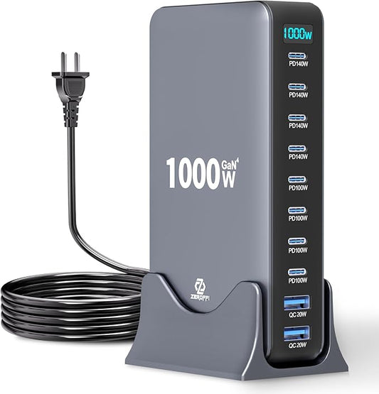 1000W USB C Charging Station, 10 Port GaN Desktop Charger, Multi Device Fast Charging Station with PD USB C Ports, High Power Charging Hub for Laptop, Tablet, iPhone, Office & Home