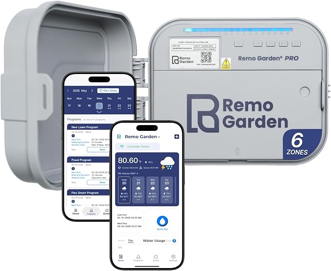 Outdoor Smart Sprinkler Controller 6 Zone, WiFi Automatic Irrigation Timer, Easy-Use App, Flexible Programs, Save Water via Rain, Wind&Freeze Skip, Quick Install, with Alexa