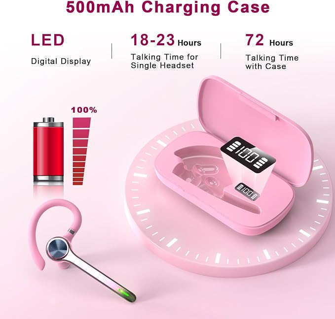 HEIBAS Bluetooth Headset, Wireless Bluetooth Earpiece with 500mAh Charging Case 72 Hours Talking Time Built-in Microphone for iOS Android Cell Phone, V5.1 Hand-Free Headphones for Trucker, Office-Pink