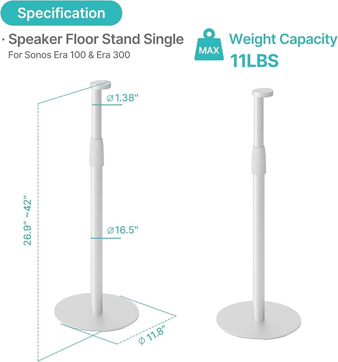 PEGZONE Speaker Stand Compatible with Sonos Era 100 and Era 300, Height-Adjustable from 26.9"-42", Cable Management, 11lbs Capacity, White, 1 Pack(Single)