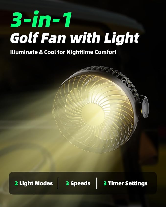 Magnetic Golf Cart Fan Rechargeable,10000mAH Battery Operated Portable Fan with 3 Speeds,30H Working Time,LED Lantern,360° Rotatable Head, Fits EZGO/Club Car/Yamaha Golf Cart