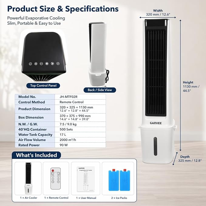 White and Black Portable Air Conditioner Fan, Evaporative Air Cooler with Remote Control, 3 Fan Speeds, 1600ml Water Tank, 2/4/8 Hour Timer, Adjustable Airflow, for Bedroom Office Desk