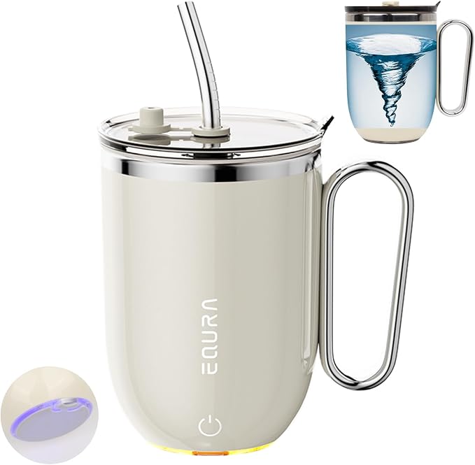Self Stirring Mug - 4-Color Temp Display Magnetic Electric Auto Mixing Stainless Steel Cup with Straw & Lid For Office/Kitchen/Home/Coffee/Milk- 14.2oz/420ml(Beige)